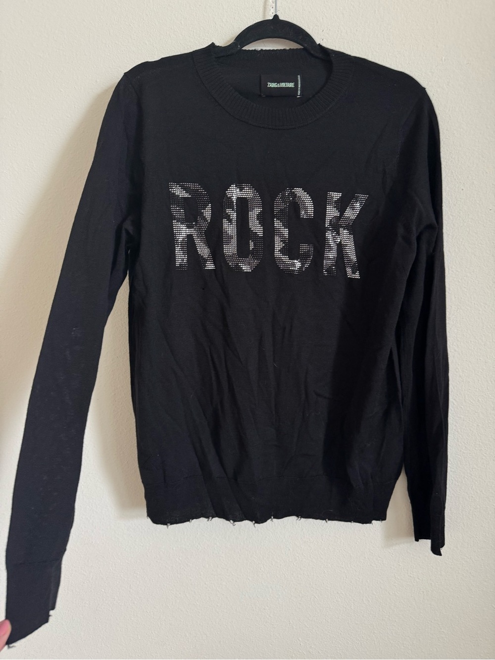 Zadig & Voltaire Miss Camo Rock Strass Black Merino Wool knit Crewneck Sweater L